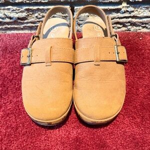 Tan Suede Clogs with Buckle for Kids